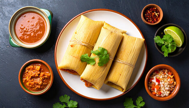 Mexican Tamales Wrapped on Dark Background