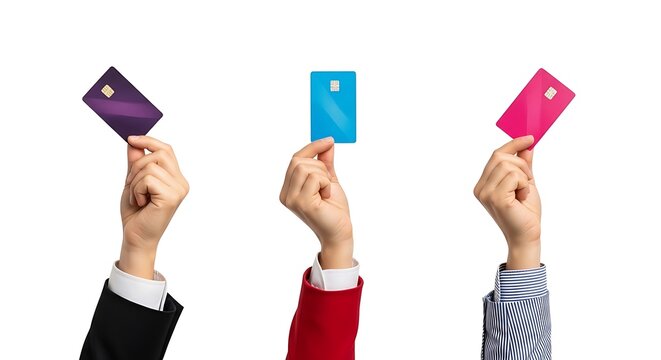 Three diverse hands holding up different colored credit cards against a clean white background, representing financial options and transactions