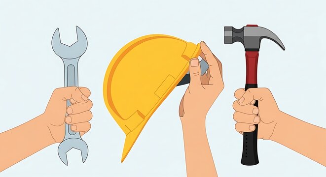 Three hands holding different construction tools, including a wrench, a yellow hard hat, and a hammer against a light background