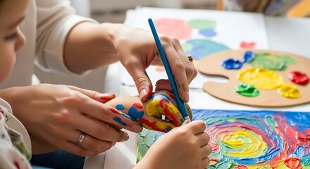 Naklejka premium Child and teacher painting together using bright colorful acrylic paints and brush on canvas during creative art lesson in classroom or home studio environment