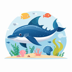 Fototapeta premium A friendly blue dolphin swims joyfully in a vibrant underwater ocean scene with fish