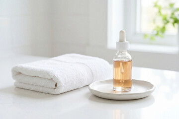 liquid cosmetic bottle and folded towel on ceramic tray in bathroom