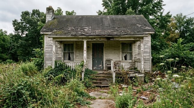 An old, dilapidated house with a weathered roof and peeling paint, surrounded by overgrown vegetation and trees. The house appears to be abandoned and in need of repair.