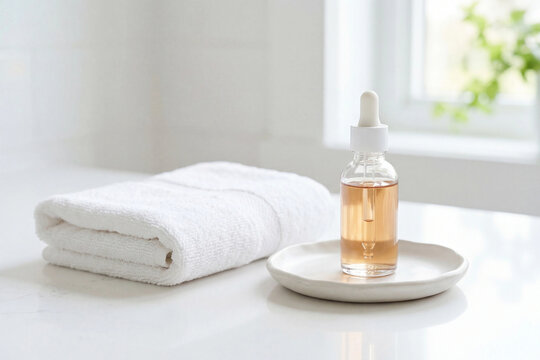 liquid cosmetic bottle and folded towel on ceramic tray in bathroom