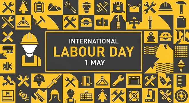 International labour day poster with yellow and black tool icons and construction worker profile symbol for may first celebration of workers rights and history