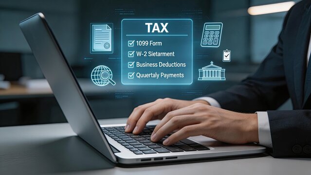 Businessman typing on laptop with holographic tax icons showing 1099 form W2 statement business deductions quarterly payments calculator document globe building checklist finance