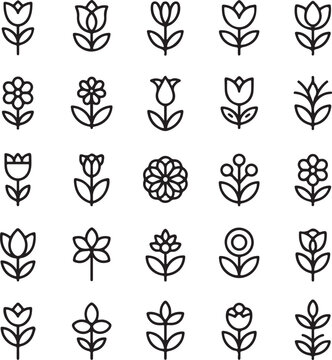 A coherent grid featuring various outline icons of minimalist flowers and plant buds on a clean white field