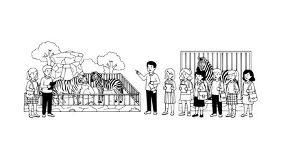 Obraz premium School students zoo visit with teacher observing animals black and white flat vector educational trip scene