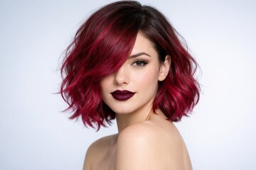 Naklejka premium Vibrant red hairstyle portrait on soft background.