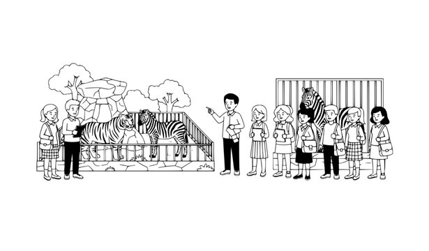 School students zoo visit with teacher observing animals black and white flat vector educational trip scene