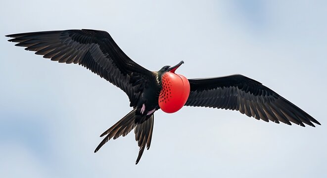 A magnificent male frigatebird with its vibrant red gular pouch inflated flying gracefully against a light sky.