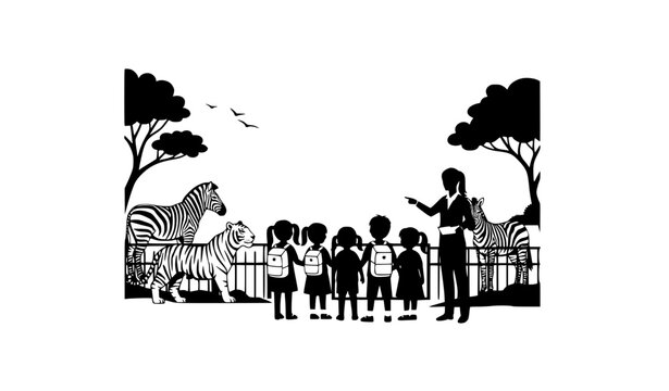 Group of students zoo visit with teacher and animals silhouette black and white vector education concept