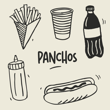 Panchos, aderezp, papas fritas y gaseosa con vaso descartable doodles icono