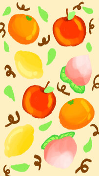 Calm Fruit Pattern with Apples, Peaches, Lemons and Oranges bright style Phone Wallpaper 2500 X 4444 PX &ndash; Hand Drawn Pastel Background