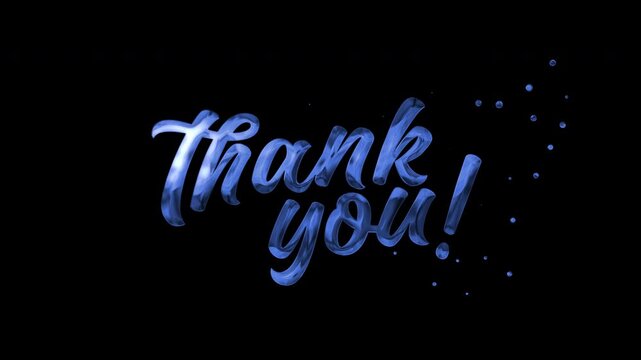 Thank you text animation shines elegantly blue on a dark background. Suitable for greeting videos. Include alpha channel for any background.