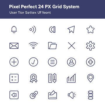 Pixel perfect 24 px grid system icons for user tior settex uf feont including bell volume mail wifi folder gear user and location pin map symbols