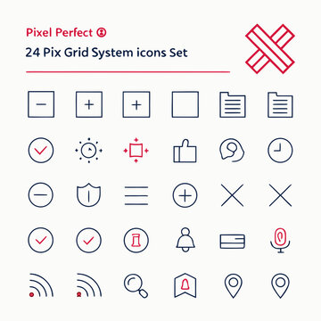 Pixel perfect 24 pix grid system icons set, vector outlined ui elements for web and mobile applications, checkmark and plus