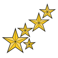 Obraz premium Dynamic arrangement of five pointed golden stars with sharp geometric lines and black outlines isolated on white background for rating and success