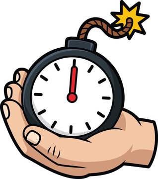 A hand holding a bomb shaped like a stopwatch with fuse and star shaped detonator  countdown to explosion