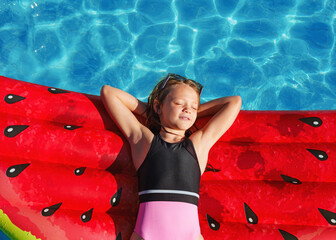Child in swimming pool. Having fun on vacation at the hotel pool. Colorful vacation concept.