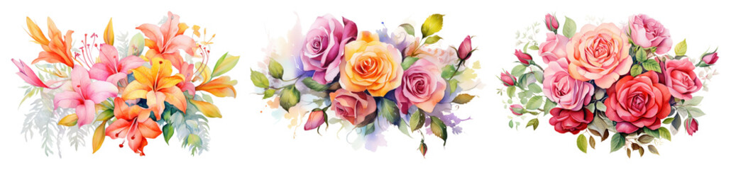Fototapeta premium PNG Vibrant watercolor floral arrangements on transparent background