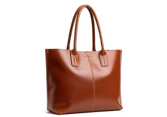 Naklejka premium Brown leather handbag sitting on white background with smooth handles and shiny surface