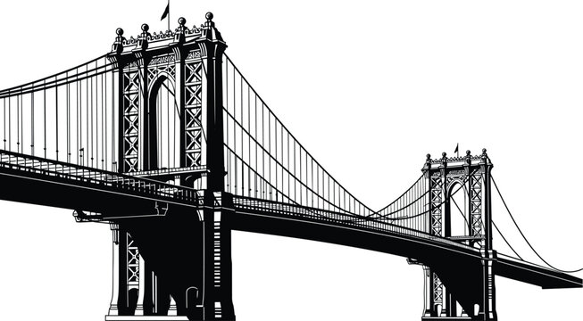 A striking black and white illustration depicts the iconic manhattan bridge showcasing its gothic architecture and suspension cables high quality professional detailed modern