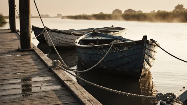 Morning landscape with a dock and two weathered boats tied along a calm, misty river, tranquil scene