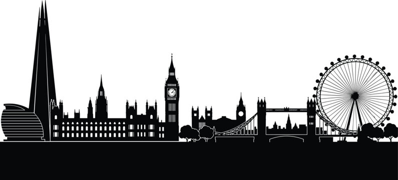 A striking black and white silhouette depicts london s iconic skyline featuring landmarks like the shard and big ben high quality professional detailed
