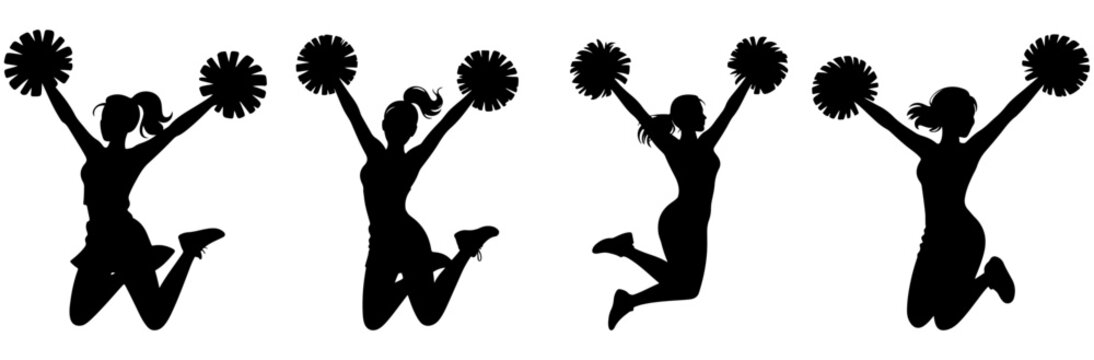 Cheerleader Silhouette Vector, Silhouette of cheerleaders jumping in the air with pom poms, energetic girls performing a dance routine at a sports event