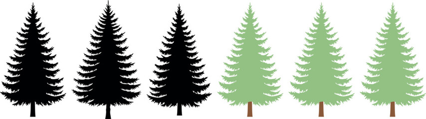 Obraz premium Silhouette of five evergreen trees in black and green on white background