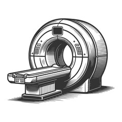 Fototapeta premium MRI scanner with patient table, medical diagnostics, healthcare technology, and hospital imaging equipment sketch engraving generative ai raster illustration. Scratch board imitation. Black and white.