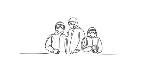 Obraz premium Continuous line drawing of three people wearing goggles and winter sports gear sitting together skiing