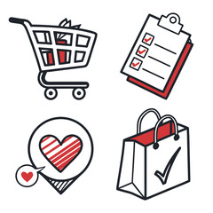 Shopping cart with gifts, clipboard with checklist, speech bubble with heart, and paper bag with checkmark icon set © A