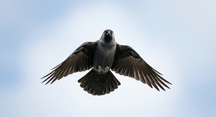 Obraz premium A curious jackdaw with piercing eyes flies directly towards the viewer with its large wings outstretched against a bright sky.