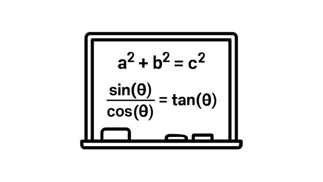 Minimalist vector icon illustration of a school whiteboard featuring mathematical equations like the Pythagorean theorem and trigonometric identities, ideal for education, science, and e-learning.