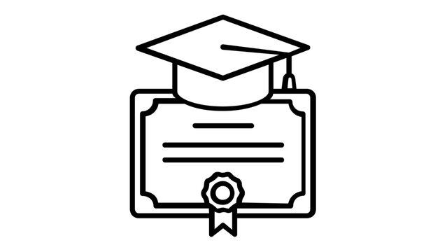 Academic graduation cap and diploma certificate vector icon illustration. Minimalist black line art for university degree, student success, educational achievement, and learning milestones.