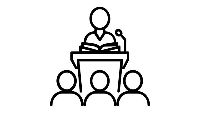 Vector icon illustration of a speaker at a podium giving a lecture to an audience. Minimalist line art of a teacher or professor in a classroom or seminar setting with a microphone and book.