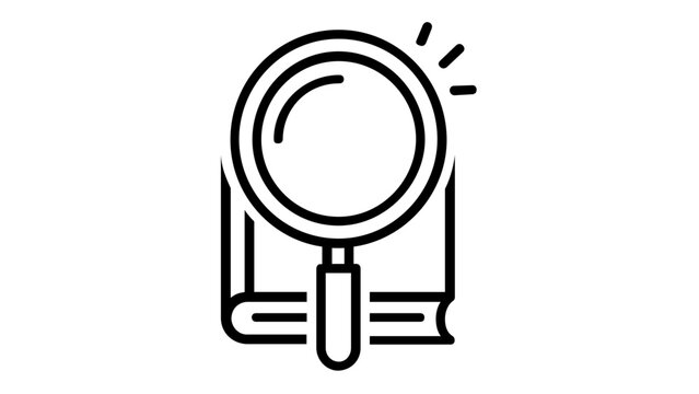 Minimalist vector icon illustration of a magnifying glass over a book, symbolizing research, education, learning, discovery, and academic study in a clean black and white line art style.
