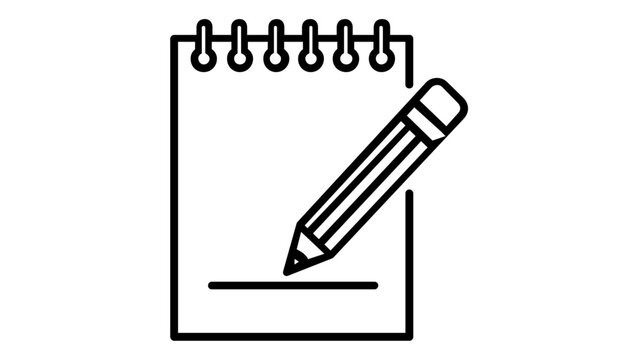 Minimalist vector icon illustration of a pencil writing on a spiral notebook. Flat line art design representing education, learning, note-taking, and office supplies. Scalable AI-generated graphic.