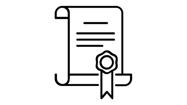 Minimalist vector icon illustration of a graduation certificate or diploma scroll with an official wax seal and ribbon, representing academic achievement, education, and professional success.