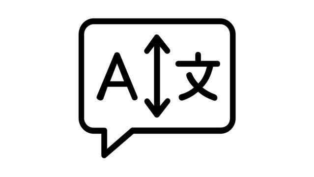 Multilingual language translation vector icon illustration featuring a speech bubble with Latin and Chinese characters and a double arrow for global communication, education, and learning.