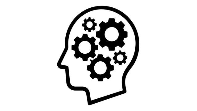 Minimalist vector icon illustration of a human head profile with gears and cogs inside, symbolizing brain power, mental process, logic, education, learning, innovation and artificial intelligence