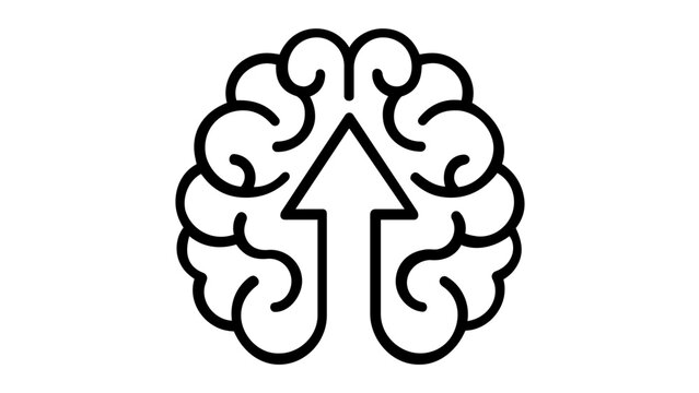 Human brain vector icon illustration with an upward arrow representing mental growth, intelligence, cognitive development, learning progress, brain power, and educational success on white.