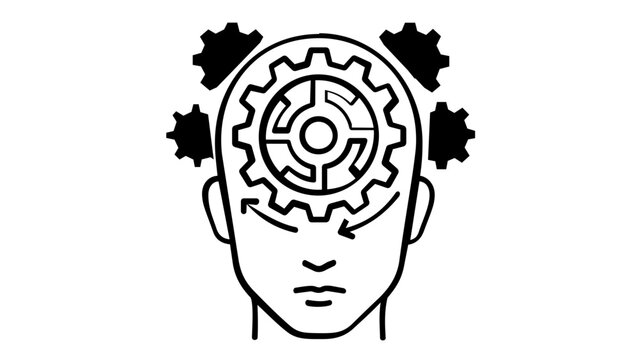 Vector icon illustration of a human head with gears and cogs representing mental processes, logical thinking, brain function, education, learning, and artificial intelligence concepts.