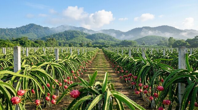 Vibrant tropical pitaya plantation with endless rows of dragon fruit plants bearing ripe pink fruits, set against a stunning backdrop of rolling green mountains and a clear blue sky on a sunny day