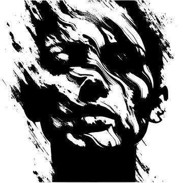 Abstract Face Brush Art, Dark high-contrast abstract face rendered in thick black brushstrokes, expressive and dramatic