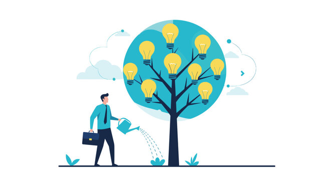 Businessman waters a tree growing lightbulbs to represent the nurturing of creative ideas and innovation in corporate life.