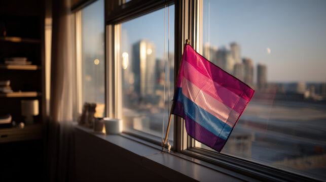 A genderfluid pride flag waves gently in front of a cityscape window