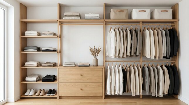 Organized wooden closet with shelves and hanging clothes, neatly arranged footwear and storage boxes, creating a minimalist and tidy storage solution